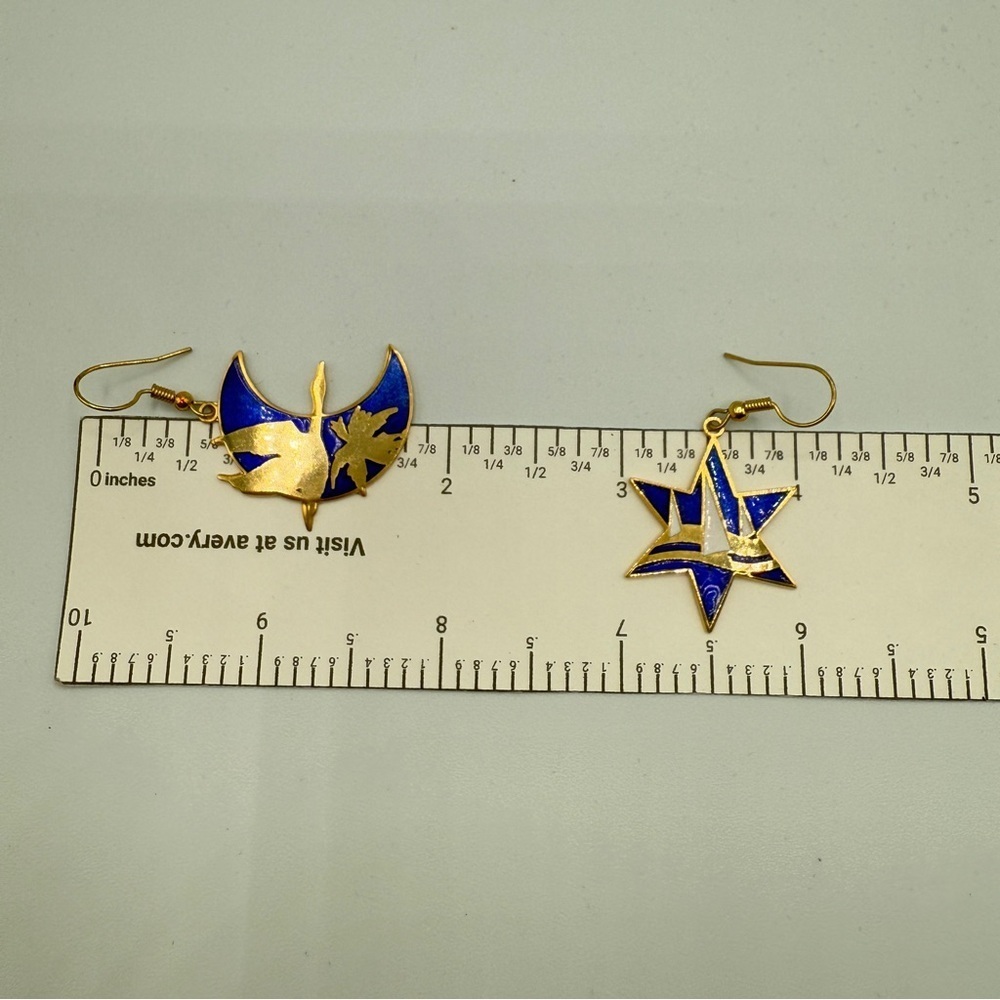 Vintage Cloisonne Blue and Gold Star and Moon Earrings - Picture 7 of 11